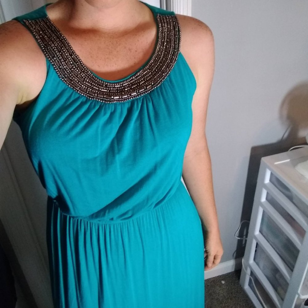 AB Studio Turquoise Beaded Maxi Dress